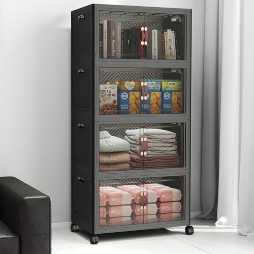UAMFURI Stackable Storage Bins with Lids, 192QT Lockable Storage Cabinet | Folding Storage Box with Doors and Wheels, Collapsible Plastic Drawers for Home, Garage, Office - color: Black, size: Medium