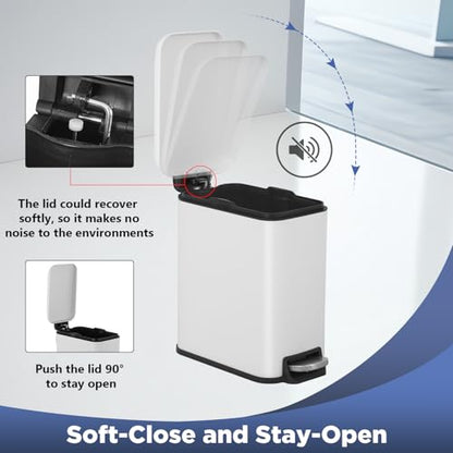 BestOffice Bathroom Trash Can with Lid, 1.3 Gallon Step Pedal Small Trash Can, White Stainless Trash Bin for Bathroom, Bedroom, Kitchen, Office (5L) - color: White
