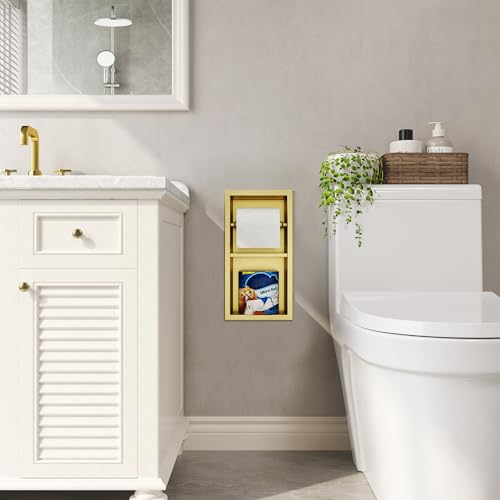 Qeke Recessed Toilet Paper Holder, Dual Rolls Tissue Toilet Holder, Golden | 304 Stainless Steel, Rustproof & Durable, Space-saving, in Wall Tissue Holder for Bathroom & RV - color: Brushed Golden