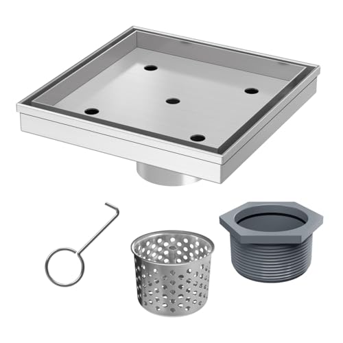6 Inch Square Shower Drain with Tile Insert Grate, Brushed | 304 Stainless Steel, Square Tile Floor Drain for Bathroom, Removable Tile-In Drain Grate with Hair Strainer, cUPC Certified - size: 6 inch