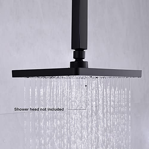 6 Inch Square Matte Black Ceiling Mount Shower Arm and Flange | Stainless Steel, 1/2-Inch NPT, Rain Straight Shower Head Extension Pipe