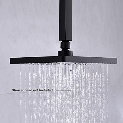 6 Inch Square Matte Black Ceiling Mount Shower Arm and Flange | Stainless Steel, 1/2-Inch NPT, Rain Straight Shower Head Extension Pipe