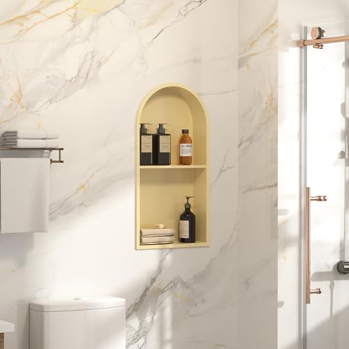 SUPERFLO Arched 12"×24" Matte Gold Stainless Steel Shower Niche for Bathroom Shower Wall, No Tile Needed Shower Shelves, Recessed Wall Niche, Double Shelves - color: Matte Gold-arched, size: 24x12" Double Shelf