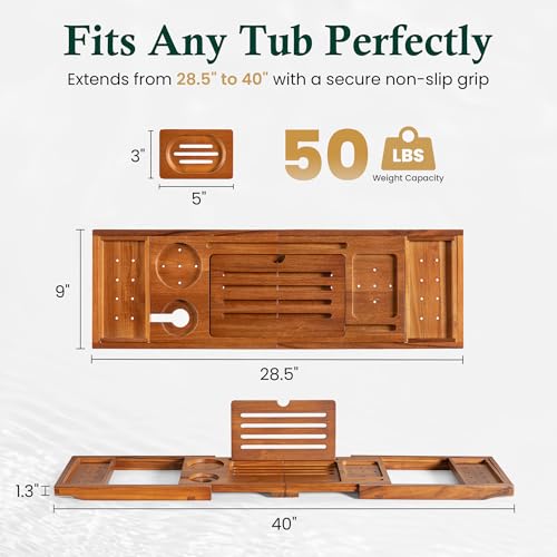 Teak Bathtub Tray Caddy, Adjustable Wood Bath Organizer | Natural Teak Wood Finish, Built-In Wine Holder, Tablet & Book Stand, Water-Resistant Seal, Fits Most Tubs - color: Classic Teak Finish