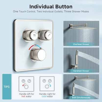 SR SUN RISE 100℉ Brushed Brushed Nickel Shower System,12 Inch | Luxury Rainfall Shower Head,High-Pressure Handheld Shower,Soild Brass,Wall Mount,Valve and Trim Kit Included - color: Brushed Nickel, style: 12"