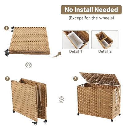 Laundry Hamper with Wheels, 52.8 Gallon(200L) Rolling Laundry Basket with Lid, Removable Large 3 Color Liners & 3 Mesh Laundry Bags, Clothes Hamper with Side Pocket, Natural - color: Natural, size: 31.5"L x 15.75"W x 25.6"H