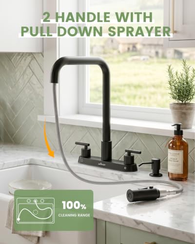 APPASO 4 Hole Kitchen Faucet Matte Black, Dual Handle with Soap Dispenser | Black Kitchen Faucet with Pull Down Sprayer, Square Neck Stainless Steel, Fit for 3 or 4 Holes Standard Sinks, Spot Resist - color: 2-Black