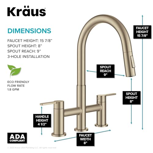 KRAUS Oletto Bridge Kitchen Faucet with Pull-Down Sprayhead in Spot-Free Antique Champagne Bronze, KPF-3122SFACB - color: Spot Free Antique Champagne Bronze, style: Bridge Faucet