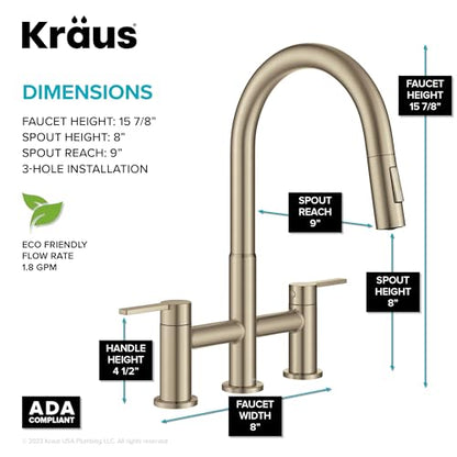 KRAUS Oletto Bridge Kitchen Faucet with Pull-Down Sprayhead in Spot-Free Antique Champagne Bronze, KPF-3122SFACB - color: Spot Free Antique Champagne Bronze, style: Bridge Faucet