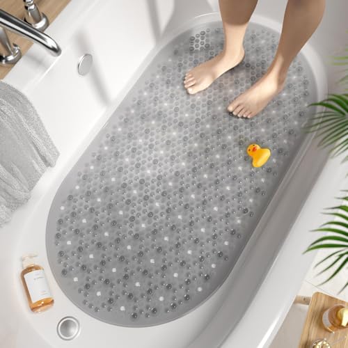 HITSLAM Non Slip Bathtub Mat, 27x15 Inch Bath Mat for Tub with Suction Cups and Drainage Holes, Machine Washable Oval Shower Mat for Kids, Seniors and Daily Use, Phthalate Free PVC, Grey - color: Grey, size: 27" x 15" (Oval)