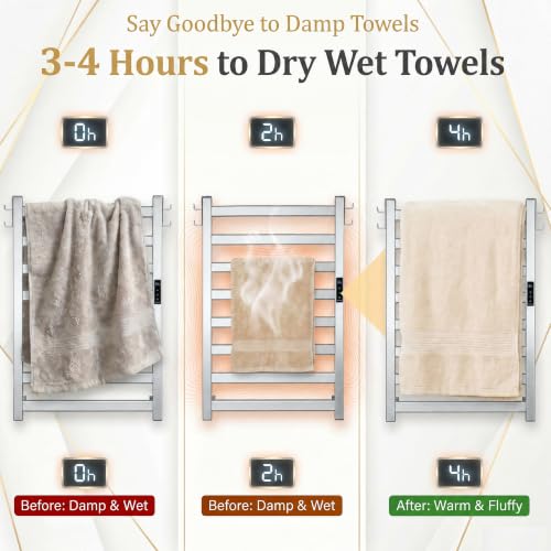 EA15 Series Heated Towel Rack, 8 Bar, Silver | Dual Hooks, Built-in Thermo Control and Timer, Memory Function, Smart Plug Compatible - color: Silver, size: 8 Bar
