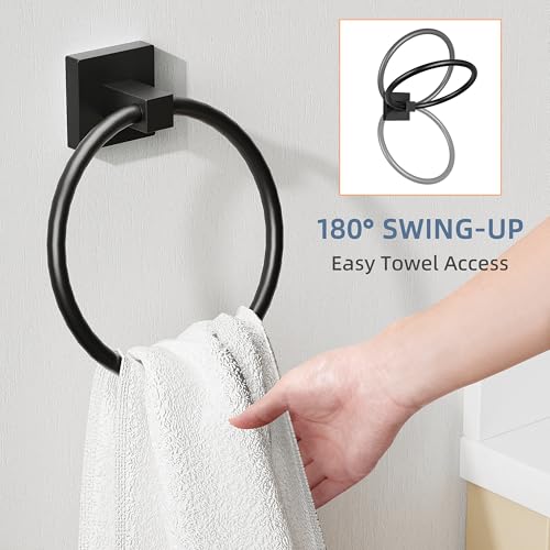 RUACQ Towel Ring, Hand Towel Holder for Bathroom Wall, Matte Black | Wall Mounted Hand Towel Bar, 304 Stainless Steel Towel Hanger, Square Base, Round Towel Holder Design, Modern, Heavy Duty - color: Black, size: 1