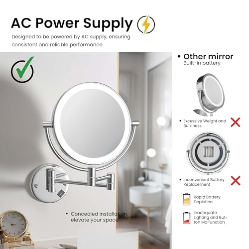 KIBI Circular Wall Mount Makeup Mirror with LED Lights, Dual-Sided 1x/5x Magnifying Mirror with Adjustable Arm, 360° Swivel, Solid Brass Construction for Durability and Style (Chrome, KMM101) - color: Chrome