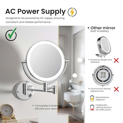 KIBI Circular Wall Mount Makeup Mirror with LED Lights, Dual-Sided 1x/5x Magnifying Mirror with Adjustable Arm, 360° Swivel, Solid Brass Construction for Durability and Style (Chrome, KMM101) - color: Chrome