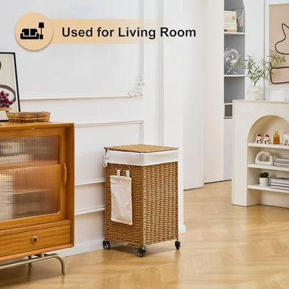 Handwoven Hamper with Lid, Laundry Basket with Wheels, Machine Washable Liner, Clothes Hamper for Bathroom Laundry Room Bedroom(Rattan, 78L) - color: Rattan/With Lid/78L