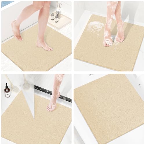 Shower Mat Bathtub Mat Non-Slip,24x24 inch, Soft Tub Mat with Drain,PVC Loofah Bath Mat (Phthalate Free) for Tub and Bathroom,Quick Drying,Khaki - color: Khaki, size: 24" x 24" (Rectangular)