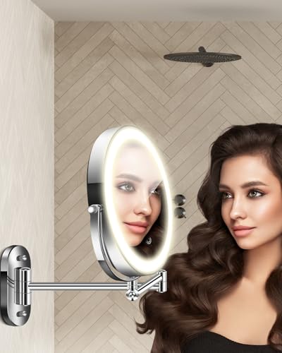 9'' 30X/1X Wall Mounted Lighted Makeup Mirror, Height Adjustable Double Sided 5000mAh Rechargeable Magnifying Bathroom Mirror with Light, 3 Color Modes Touch Dimmable Extended Arm 360 Rotation