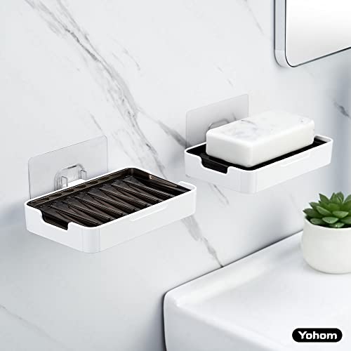 YOHOM Adhesive Bar Soap Holder for Shower Wall Hanging Soap Dish with Drain Tray Plastic Stick on Bathroom Sink Soap Holder 2PCS - color: Black + White