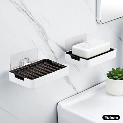 YOHOM Adhesive Bar Soap Holder for Shower Wall Hanging Soap Dish with Drain Tray Plastic Stick on Bathroom Sink Soap Holder 2PCS - color: Black + White