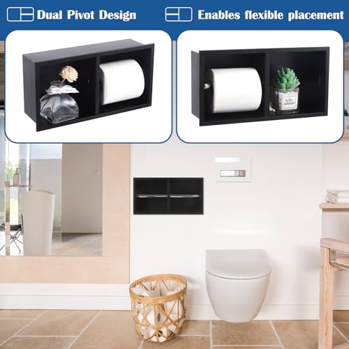 Recessed Dual Roll Toilet Paper Holder 304 Stainless Steel Hidden in-wall with Storage Durable Tissue Roll Holder Heavy Duty Space Saving Design for Modern Bathrooms and Remodel(Black) - color: Black