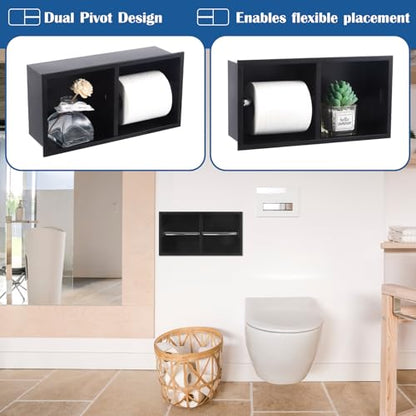 Recessed Dual Roll Toilet Paper Holder 304 Stainless Steel Hidden in-wall with Storage Durable Tissue Roll Holder Heavy Duty Space Saving Design for Modern Bathrooms and Remodel(Black) - color: Black