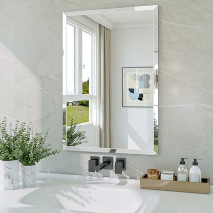 Frameless Bathroom Mirror, 18" x 26" Beveled Wall Mirror | 5mm HD glass, 20mm beveled edge, frameless, anti-rust, shatterproof, french cleat, horizontally or vertically - size: 18"L x 26"W