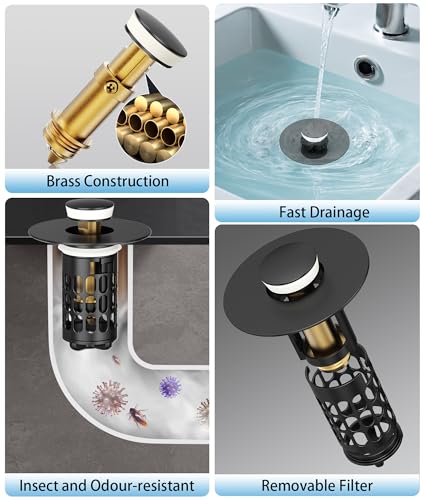 QYHNYJF Upgraded Bathroom Sink Stopper with Hair Catcher - Universal Pop-Up Drain Plug, Stainless Steel & Silicone Seal for 1.1-1.5 Inch Drains, Matte Black Finish (Matte Black) - color: Black
