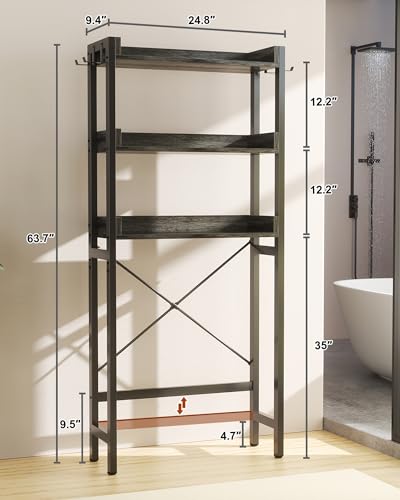 Ecoprsio Over-The-Toilet Storage Rack, 3-Tier Bathroom Organizer Shelf Over Toilet, Freestanding Space Saver Toilet Stands with 4 Hooks, Grey - color: Grey Oak
