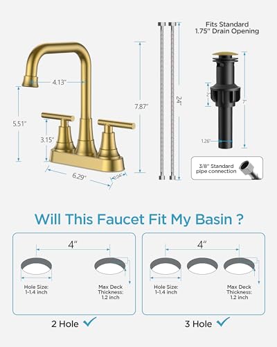 FORIOUS Brushed Gold Centerset Bathroom Faucet 2 Hole, Gold Vanity Faucet | 4 Inch Bathroom Sink Faucet Gold 2 Hole with Drain Set, ADA Compliant Rv Centerset Sink Faucet for Bathroom 4”, Powder Room - color: Gold