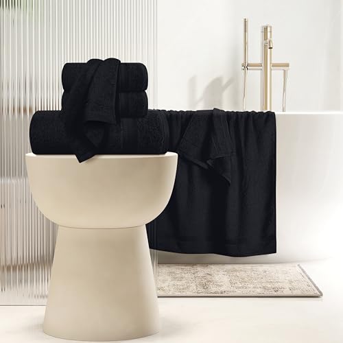 MyOwn 6 Piece Towel Set, 100% Combed Cotton - 2 Bath Towels, 2 Hand Towels, 2 Wash Cloths - 500 GSM Luxury Hotel Quality Ultra Soft Highly Absorbent Towel Set for Bathroom - Black - color: Black