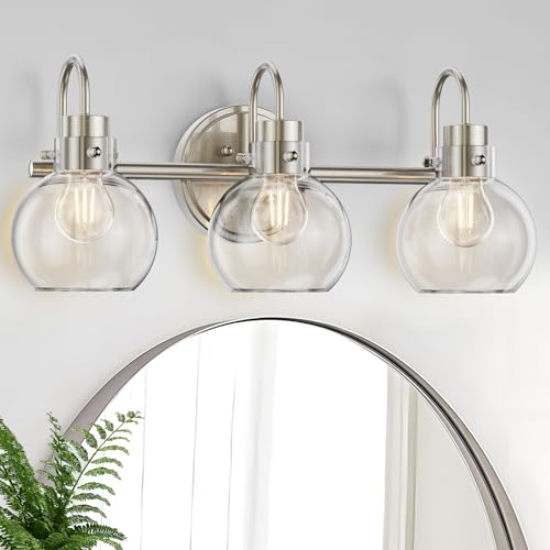 3 Lights Vanity Light, Brushed Nickel Bathroom Light Fixtures, Farmhouse Wall Sconces with Globe Clear Glass Shade, Porch Wall Mount Lamp for Mirror, Kitchen, Porch, Living Room, Workshop (E26 Base) - color: Brushed Nickel