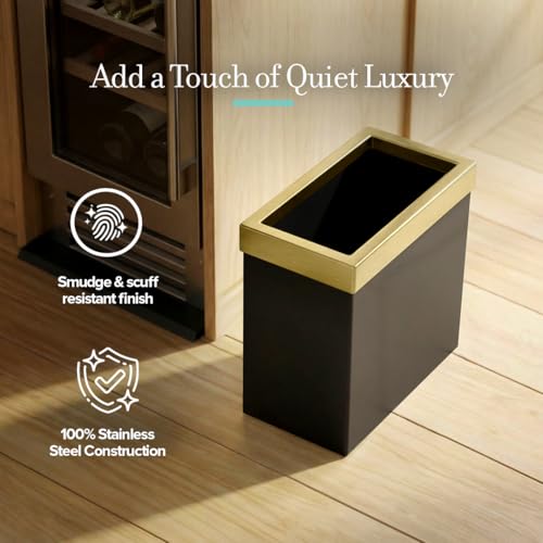 Gatco Small Bathroom Trash Can With Lid, Rectangle 3 Gallon Stainless Steel Wastebasket, Under Sink, Matte Black And Brushed Brass, For Bathroom, Bedroom, Office (1938) - color: Matte Black/Brushed Brass