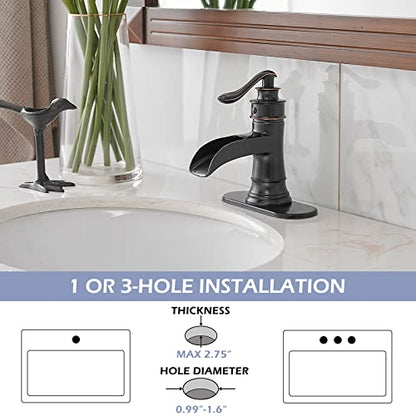 BWE Oil Rubbed Bronze Waterfall Bathroom Faucet, Solid Brass, 1.2 GPM | Waterfall Spout, Ceramic Cartridge, California-Compliant, Fits 1 or 3-Hole Sinks, Handware Included, Single Handle - color: Bronze