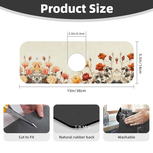 Diatomite Faucet Mat for Kitchen Sink & Bathroom Counter, Super Absorbent Water Sink Protectors Prevent Moisture Buildup, Sink Splash Guard 15×5.5 Inch - color: Flower1