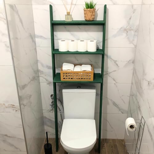 Over The Toilet Birch Wood Bathroom Organizer Shelves, 3-Tier Freestanding Above Toilet Storage Ladder Shelf, Standing Space Saver Behind Toilet Small Bathroom Organizer (Verde) - color: Verde
