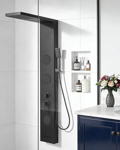 Shower Panel Tower System Rainfall Waterfall Shower Head 3 Massage Body Jet | Handheld Shower Head and Tub Spout Wall Mounted Multi-Function Bathroom Shower Panel Matte Black by Homevacious - color: Black