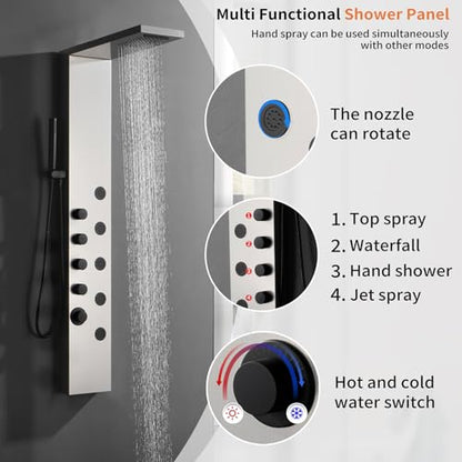 Shower Wall Panel Rainfall Bathroom Shower Tower with 4-Functions, Rainfall Body Massage, Wall Mount Brushed Nickel - color: Brushed Nickel