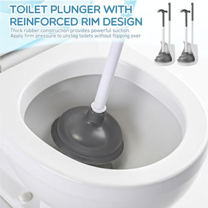 Reallnaive 2 Pack Toilet Brush and Plunger Set 22 Inch Extended Handle Plunger Heavy Duty Toilet Bowl Brush Combo with Holder Bathroom Tools Professional Cleaning Supplies Kit for Maintenance