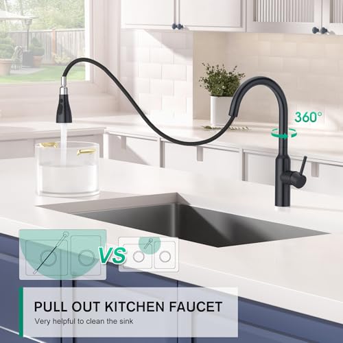 CREA Black Kitchen Faucet, Pull Down Kitchen Faucets with Sprayer 3 Modes, Uitility Laundry Faucets Single Hole Bar Sink Faucet 360° Swivel High Arc Stainless Steel RV Faucet, Matte Black - color: Black, style: standard