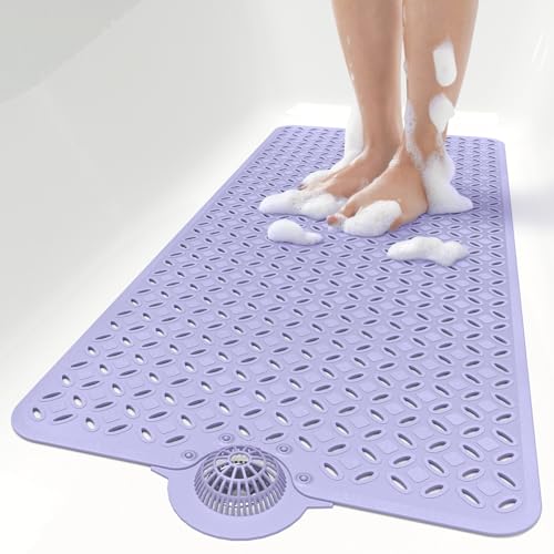 OTHWAY Bath Mat for Tub Non Slip: 39" X 17" Long Bathtub Mat with Hair Catcher│Big Drain Holes Shower Mats for Inside Shower│Machine Washable (Lavender) - color: Lavender