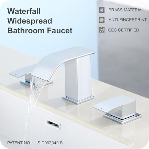GAGALIFE 8 Inch Waterfall Bathroom Faucets for Sink 3 Hole - Chrome Bathroom Faucet with Pop-up Drain, Widespread Bathroom Sink Faucet 2-Handles, Patent No. : US D967,340 S - color: Chrome, style: With Drain