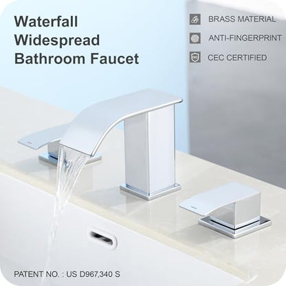 GAGALIFE 8 Inch Waterfall Bathroom Faucets for Sink 3 Hole - Chrome Bathroom Faucet with Pop-up Drain, Widespread Bathroom Sink Faucet 2-Handles, Patent No. : US D967,340 S - color: Chrome, style: With Drain
