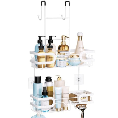 HapiRm Shower Caddy Over Door- Hanging Shower Organizer with 14 Hooks and Soap Holder, Rustproof & Waterproof Stainless Steel Bathroom Shelf - White - color: White