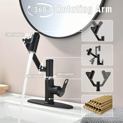 Bathroom Faucet, Rotatable Faucets with Temperature Display in Celsius (Batteries-Free), 3 Water Outlet Modes Single Hole Faucet with Sink Plate for Bathroom Sink (Matte Black) - color: Matte Black