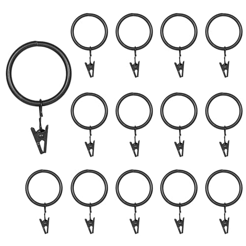 Curtain Rings with Hooks 14 Pack - Rustproof Metal Drapery Clips for Window, Shower, Door, 1.5" Inner Diameter, Smooth Gliding, Fits 5/8" to 3/4" Rods, Black - color: Black