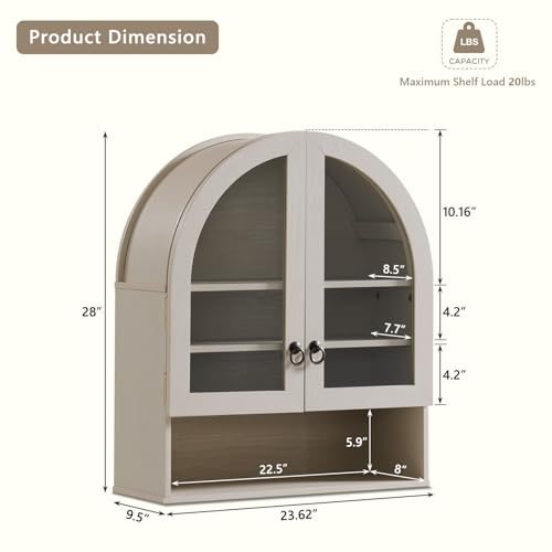 IFGET Bathroom Arched Wall Cabinet, 23.6'' Wide Medicine Cabinet with Adjustable Shelves & Acrylic Glass Doors, Over The Toilet Storage Wall Mount Cabinet for Laundry Room,Kitchen & Living Room, Cream - color: Cream