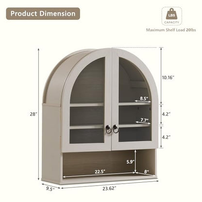 IFGET Bathroom Arched Wall Cabinet, 23.6'' Wide Medicine Cabinet with Adjustable Shelves & Acrylic Glass Doors, Over The Toilet Storage Wall Mount Cabinet for Laundry Room,Kitchen & Living Room, Cream - color: Cream