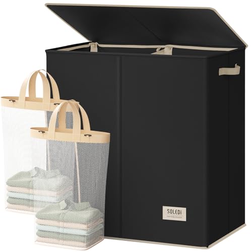 SOLEDI Large Double Laundry Hamper with Lid,165L Collapsible Clothes Hamper 2 section with Removable Bags, Space-Saving Laundry Basket for Bedroom, Dorm, College - color: Black, size: 165l