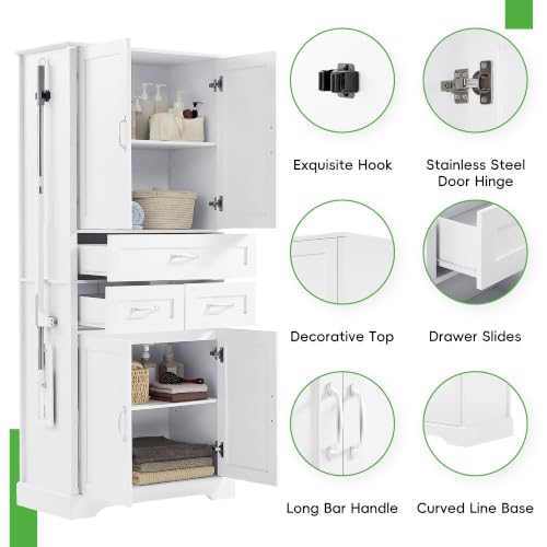 JIVOIT 70" Tall Bathroom Storage Cabinet with 4 Doors and 3 Drawers | Freestanding Linen Tower, Adjustable Shelves, MDF Board White Bathroom Organizer, Aluminum Alloy Hook, Space-Saving - color: White//56