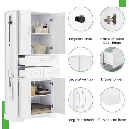 JIVOIT 70" Tall Bathroom Storage Cabinet with 4 Doors and 3 Drawers | Freestanding Linen Tower, Adjustable Shelves, MDF Board White Bathroom Organizer, Aluminum Alloy Hook, Space-Saving - color: White//56